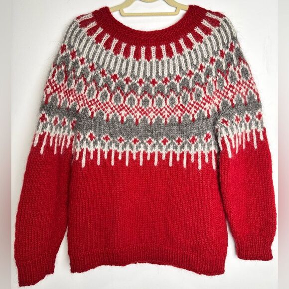 NEW ICELANDIC 100% WOOL BIG SWEATER HAND MADE size M fisherman red white unisex - Picture 12 of 17
